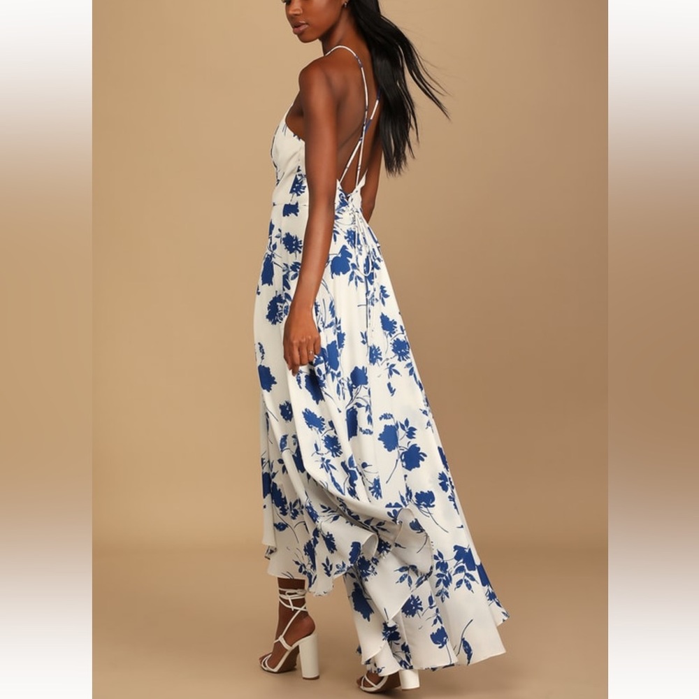 Lulus Blue & White Floral Print Lace-Up Dress